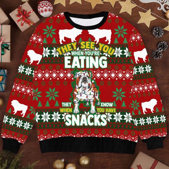 Discover Bulldog Snacks Ugly Christmas Sweater - Fun Holiday Apparel, Cute Bulldog Design, Festive Xmas Jumper for Dog Lovers
