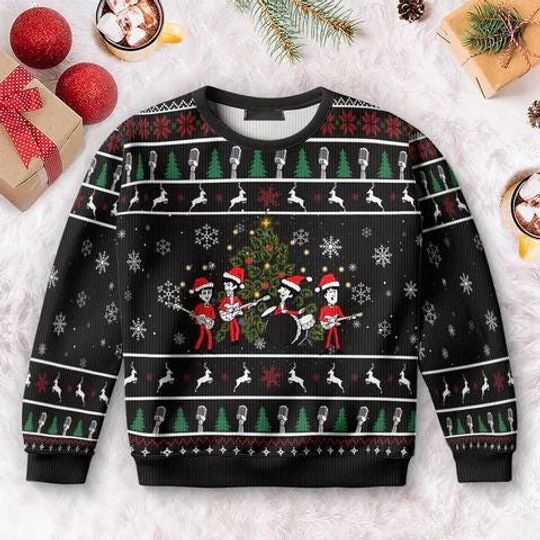 Discover The Beatles Ugly Christmas Sweater  Festive Music Holiday Sweater with Funny Cartoon Band  Perfect for Music Lovers