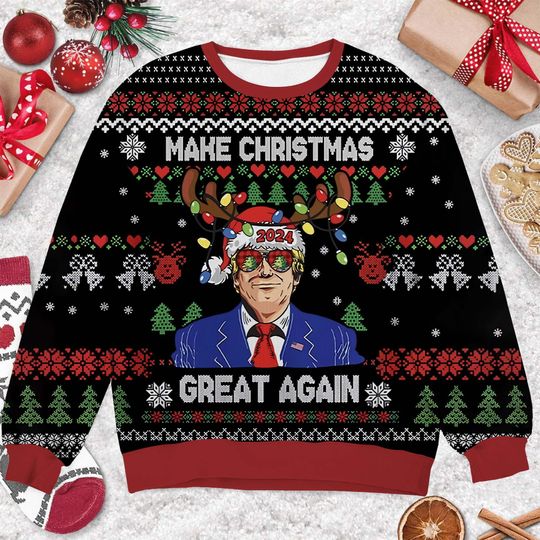 Discover Make Christmas Great Again Ugly Sweater - Funny Trump 2024 Holiday Design - Black Knit Sweater for Festive Parties and Gag Gifts