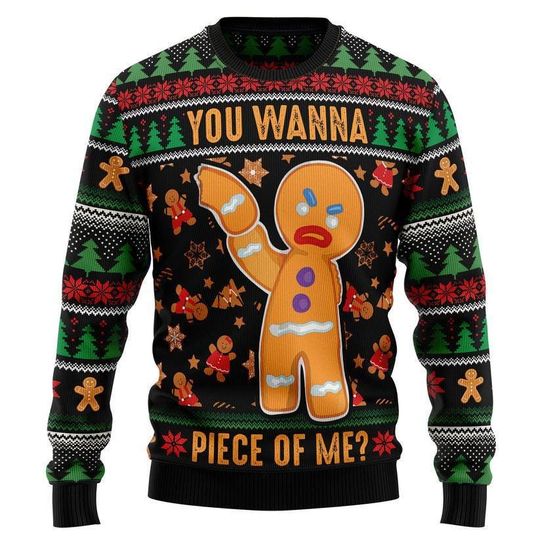 You Wanna Piece of Me Gingerbread Ugly Christmas Sweater - Funny Holiday Knit Sweater