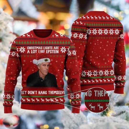 Christmas Lights Ugly Wool Sweater - Funny Epstein Meme Design - Red Knit Holiday Sweater