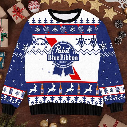 Pabst Blue Ribbon Christmas Ugly Sweater, Funny PBR Beer Xmas Sweater, Holiday Pabst Blue Ribbon Sweater