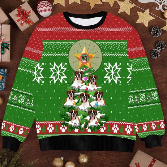 Dog Christmas Tree Ugly Sweater - Festive Holiday Design with Puppies and Paw Prints