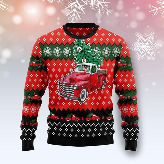 Discover Festive Christmas Sweater with Vintage Red Truck Design, Cozy Holiday Knitwear, Ugly Christmas Sweater