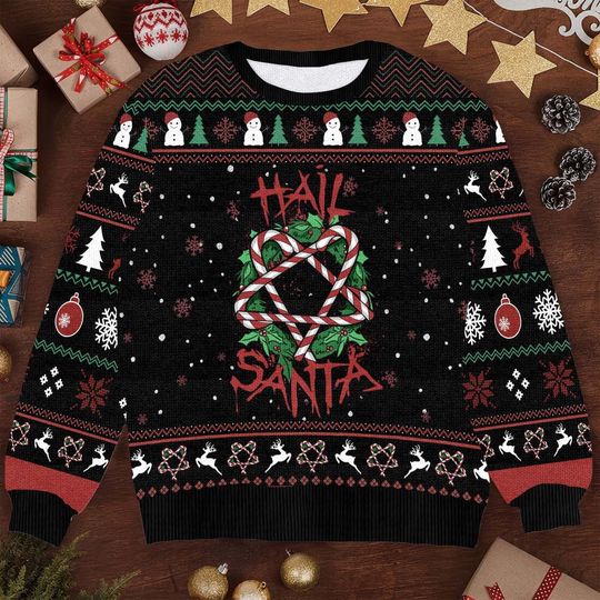 Funny Hail Santa Christmas Sweater - Candy Cane Wreath Ugly Xmas Sweater