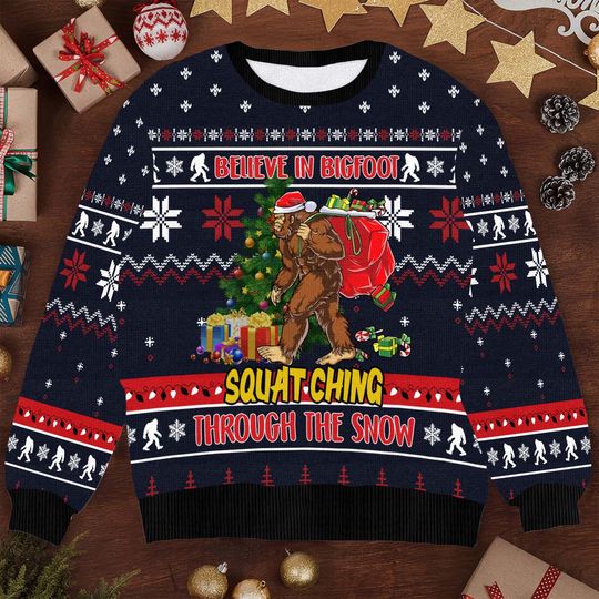 Bigfoot Christmas Sweater - Funny Squatching Through the Snow Ugly Xmas Sweater