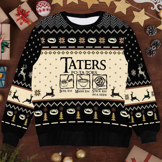 Discover Funny Taters Po-ta-toes Christmas Sweater - Boil 'Em, Mash 'Em, Stick 'Em in a Stew Ugly Xmas Sweater