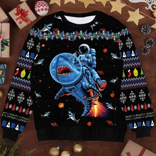 Discover Funny Astronauts Ride A Shark In Space Christmas Ugly Sweatshirt
