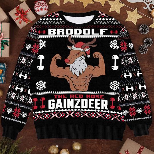 Discover Funny Brodolf Gym Christmas Sweater - Red Nose Gainzdeer Holiday Pullover - Ugly Xmas Sweater