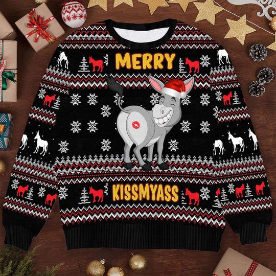 Funny Merry Kiss My As Christmas Sweater - Hilarious Ugly Xmas Sweater