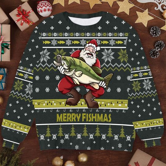 Discover Merry Fishma Christmas Sweater, Funny Fish Xmas Sweater Wool Knit Holiday Jumper