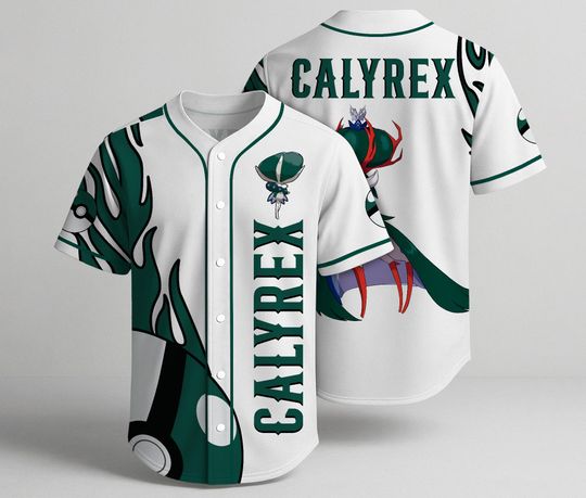 Calyrex Baseball Jersey, White Green Graphic Jersey Shirt, Fantasy Legendary Button Up Summer Shirt, Cool Baseball Shirt Gift for Fans