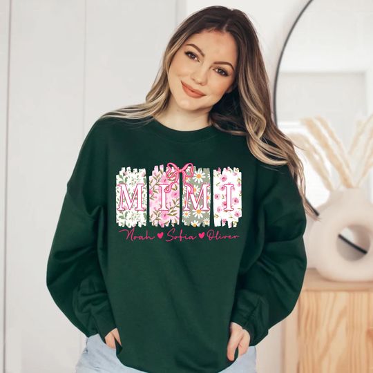 Discover Personalized Mimi Unisex T-Shirt Sweatshirt Hoodie with Grandkids Names, Floral Mimi T-Shirt, Mimi Gifts, Custom Kids Names Grandma Shirt.
