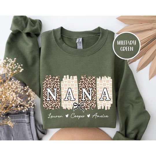 Discover Personalized Nana Unisex T-Shirt Sweatshirt Hoodie, Custom Cheetah Nana T-Shirt Gift for Mother's Day Nana Grandkid's Names Gift for Nana.