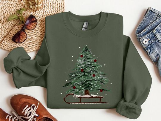 Discover Woman's Holiday Sweatshirt, Women's Xmas Tee, Christmas Sleigh Crewneck, Christmas Tree Tee, Xmas Tree, Women's Christmas Tshirt,Winter Tee