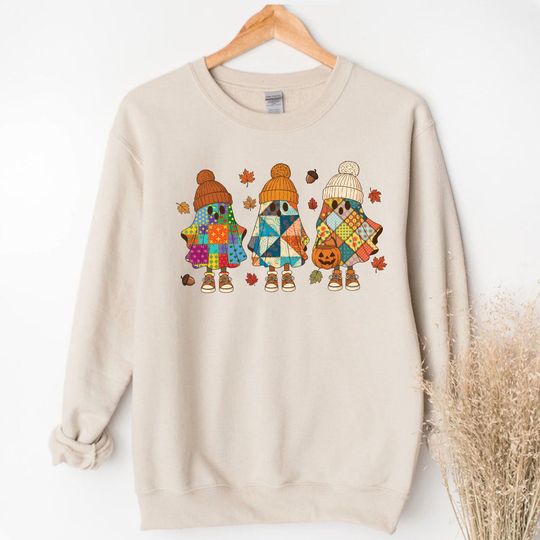 Patchwork Ghost Cozy Fall Halloween Unisex Sweatshirt, Boho Floral Pumpkin Retro Cozy Ghost