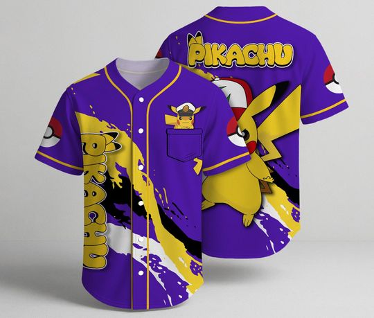 Discover Pika Baseball Jersey, Purple Yellow Graphic Jersey Shirt, Cute Pika Button Up Summer Shirt, Funny Baseball Shirt Gifts