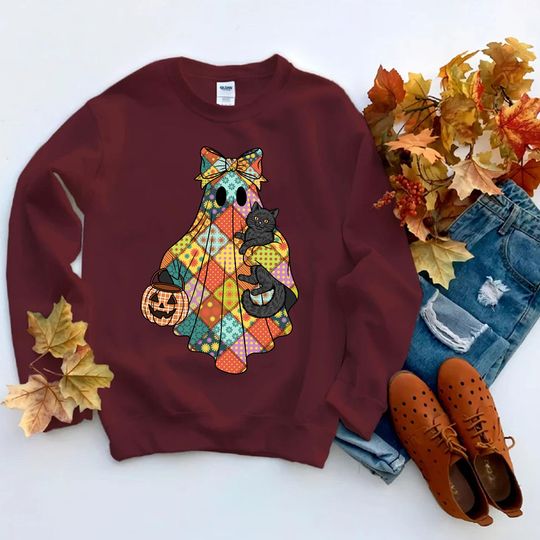 Discover Patchwork Halloween Ghost Cat Unisex Sweatshirt