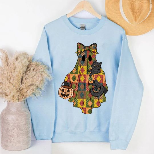 Patchwork Halloween Ghost Cat Unisex Sweatshirt