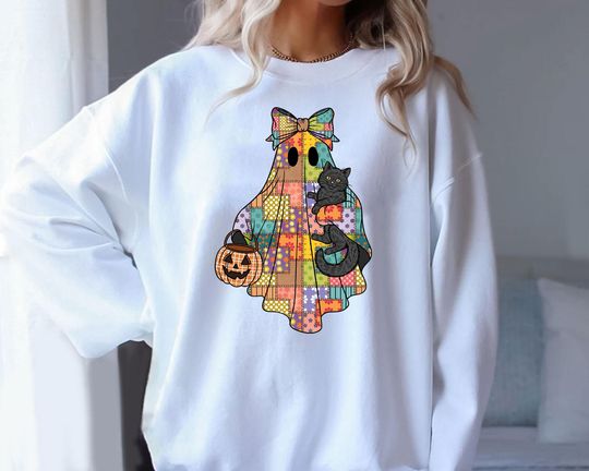 Patchwork Halloween Ghost Cat Unisex Sweatshirt,Spooky Season.