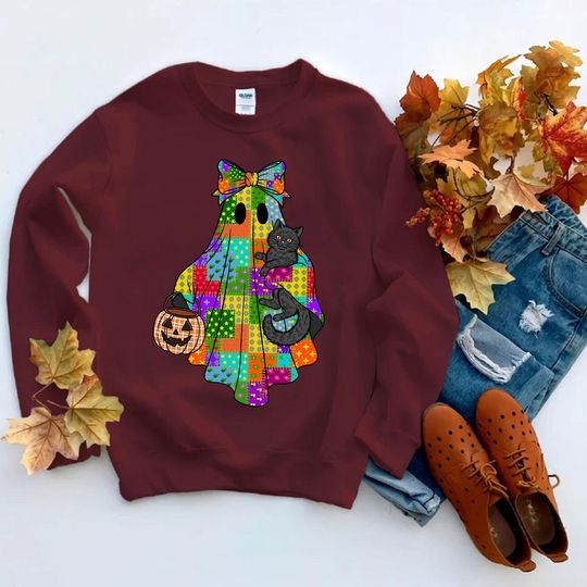 Patchwork Halloween Ghost Cat Unisex Sweatshirt, Spooky Season.