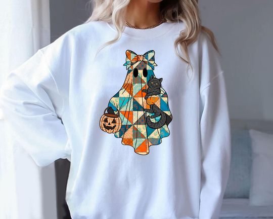 Discover Patchwork Halloween Ghost Cat Unisex Sweatshirt, Spooky Season.