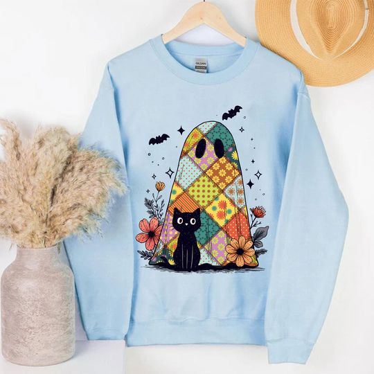 Patchwork Halloween Ghost Cat Unisex Sweatshirt, Spooky Season.