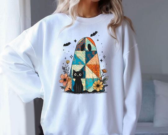 Patchwork Halloween Ghost Cat Unisex Sweatshirt, Spooky Season.