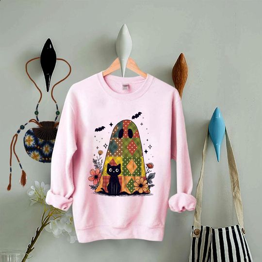 Discover Patchwork Halloween Ghost Cat Unisex Sweatshirt, Spooky Season.