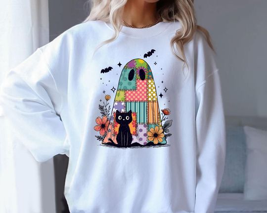 Discover Patchwork Halloween Ghost Cat Unisex Sweatshirt, Spooky Season.