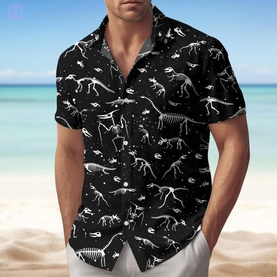 Discover Dinosaur Skeleton Hawaiian Shirt, Dinosaur Lover Shirt For Men, Paleontology Button Up Shirt, T Rex Skeleton Summer Shirt, Beach Shirt