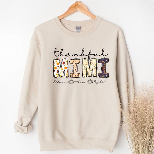 Discover Custom Thankfull Mimi Unisex T-Shirt Sweatshirt Hoodie with Kids Name, Thanksgiving Nana Shirt, Thankfull Mimi Gigi, Personalized Fall Mama.