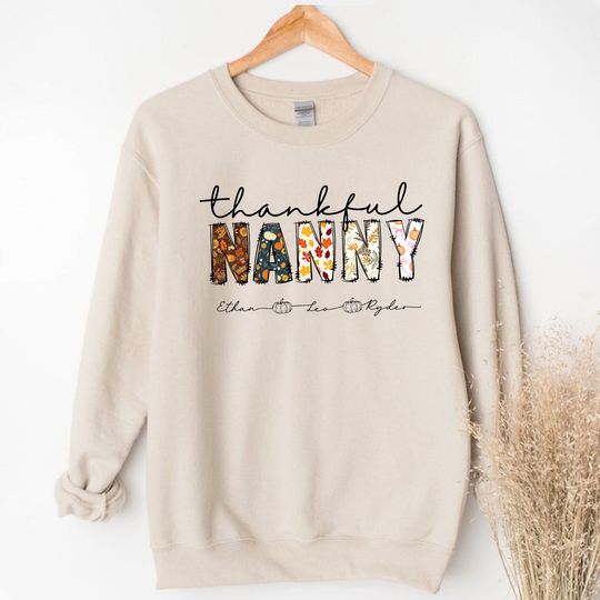 Discover Custom Thankfull Nanny Unisex T-shirt Sweatshirt Hoodie with Kids Name, Thanksgiving Mimi Shirt, Thankfull Mimi Gigi, Personalized Fall Mama
