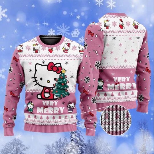 Cute Hello Kitty “Very Merry” Christmas Sweater – Pink Holiday Knit Pullover