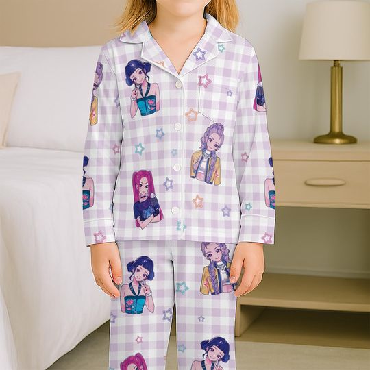 Discover Kpop Lover Gingham Kids Pajamas Set, Cute Demon Hunter Inspired Pajamas, Fan Gifts, Cute Pjs Pants