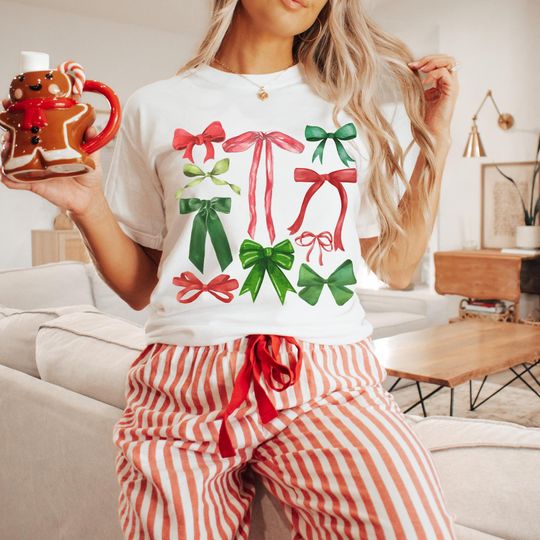 Discover Coquette Christmas Bow Shirt Comfort Colors Mom Christmas Matching Family, Christmas Pajamas Shirt Christmas Morning Red and Green Bows