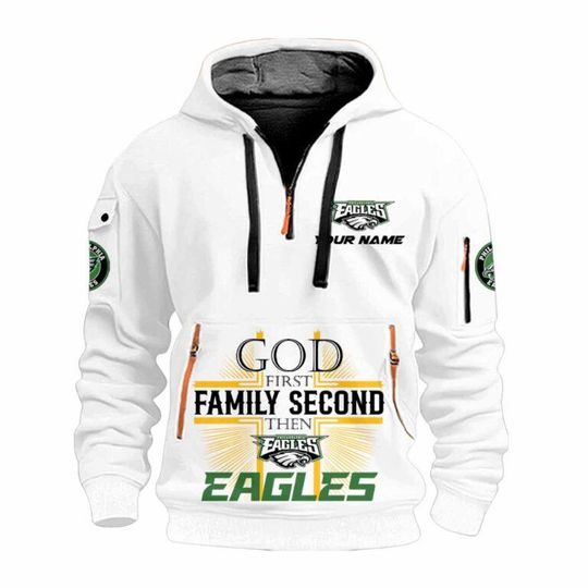 2025 God First Family Second Then Eagles Quarter Zip Hoodie