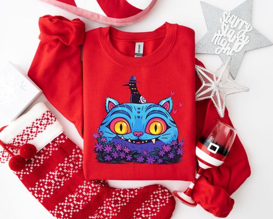 Discover Whimsical Blue Cat Sweatshirt, Fantasy Witchy Graphic Apparel for Imaginative Cat Lovers, Quirky Cartoon Gift