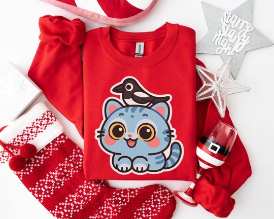 Discover Whimsical Blue Cat and Bird Sweatshirt for Animal Lovers, Playful Cartoon Design, Cute Everyday Wear for Children and Friends