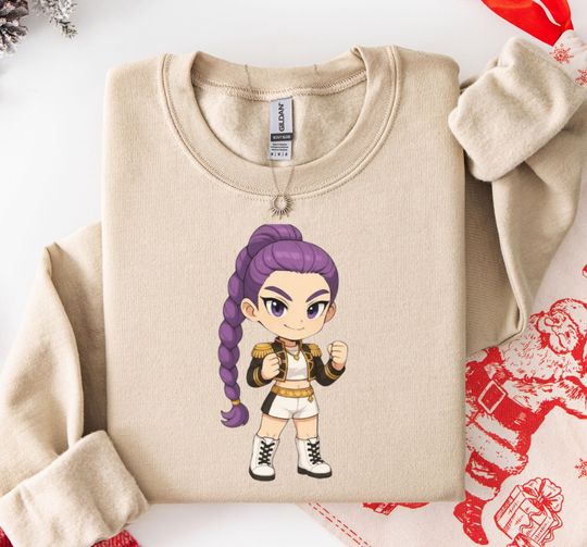 Discover Empowering Anime Sweatshirt, Chibi Character Graphic, Purple Hair Military-Inspired Clothing, Anime Convention Apparel