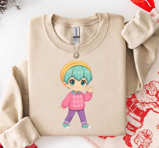 Discover Kawaii Cartoon Character Sweatshirt, Friendly Anime Graphic, Playful Argyle Design for Kawaii Culture Fans, Cheerful Everyday Wear