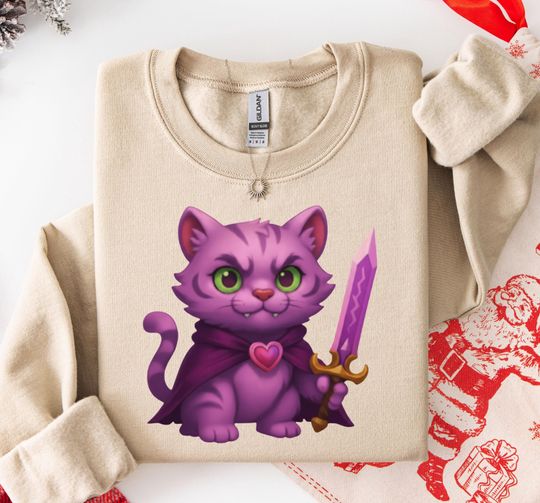 Discover Whimsical Purple Cat Sweatshirt, Cartoon Fantasy Adventure Apparel, Sword-Wielding Cat Gift for Role-Playing Game Fans