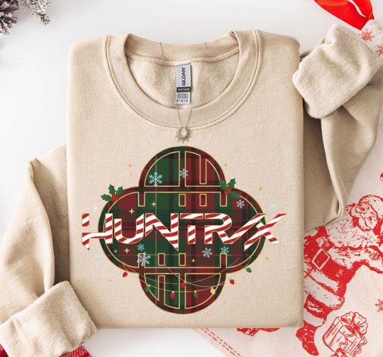 Discover HUNTRX Christmas Sweatshirt, Festive Plaid Holiday Crewneck, Candy Cane Stripes Xmas Apparel, Winter Gathering Gift Idea