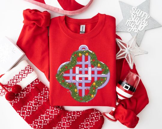 Discover Festive Christmas Wreath Sweatshirt, Holiday Cheer Apparel, Traditional Xmas Candy Cane Bells Design for Family Gatherings