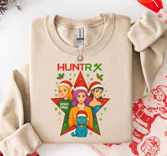 Discover HUNTRX Merry Xmas Sweatshirt, Festive Animated Characters with Santa Hats, Christmas Holiday Graphic for Pop Culture Fans