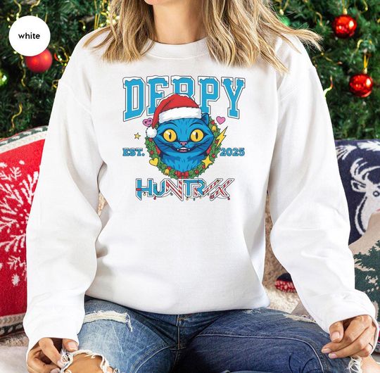 Discover Quirky Blue Cat Christmas Sweatshirt, Funny Santa Hat Graphic, Whimsical Holiday Humor Shirt for Cat Lovers, Festive Xmas Apparel