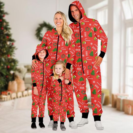 Ho Ho Ho Christmas Onesie Pajamas, Funny Holiday Jumpsuit, Funny Santa Pajamas for Adults Kids, Cozy Festive Sleepwear, Xmas Gift Idea