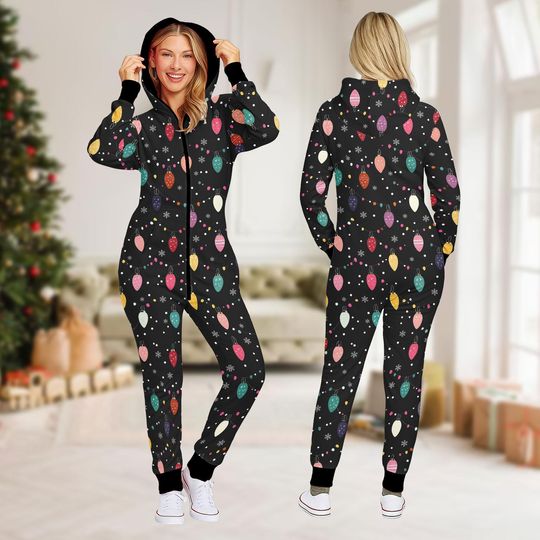 Discover Neon Christmas Lights Onesie Pajamas, Black Festive Jumpsuit, Funny Holiday Loungewear, Cozy Xmas Gift for Women Man Kids, Xmas Gift