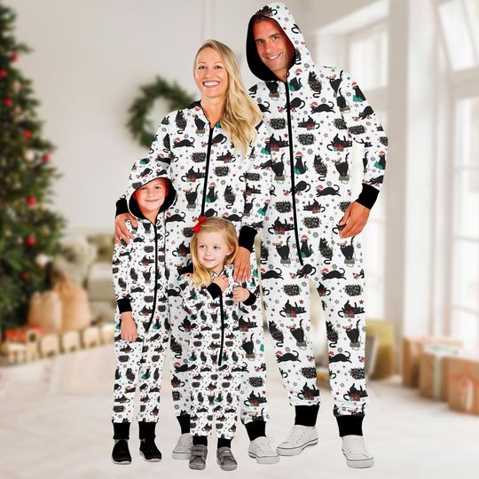 Discover Cute Black Cat Christmas Onesie Pajamas, Funny Holiday Jumpsuit for Cat Lovers, Cozy White PJs, Adorable Xmas Gift for Pet Owners