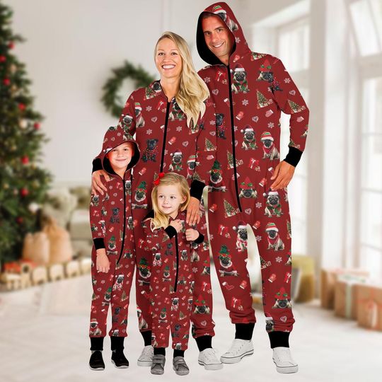 Discover Pug Christmas Family Onesie Pajamas, Funny Dog Lover Jumpsuit, Matching Holiday Sleepwear For Men Women Kids, Cute Xmas Gift